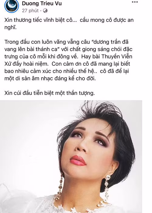 Dương Triệu Vũ chia sẻ sự ngưỡng mộ dành cho danh ca Lệ Thu khi biết bà qua đời.