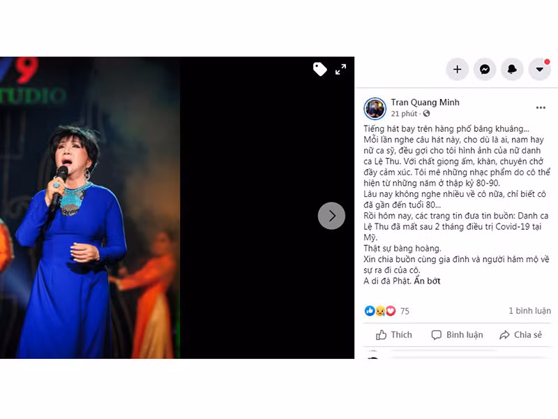 BTV Quang Minh cho biết, anh bàng hoàng khi biết tin danh ca Lệ Thu qua đời sau thời gian điều trị COVID-19. "Tiếng hát bay trên hàng phố bâng khuâng. Mỗi lần nghe câu hát này, cho dù là ai, nam hay nữ ca sĩ, đều gợi cho tôi hình ảnh của nữ danh ca Lệ Thu. Với chất giọng ấm, khàn, chuyên chở đầy cảm xúc. Tôi mê những nhạc phẩm do cô thể hiện từ những năm ở thập kỷ 80-90. Lâu nay không nghe nhiều về cô nữa, chỉ biết cô đã gần đến tuổi 80. Rồi hôm nay danh ca Lệ Thu đã mất sau 2 tháng điều trị COVID-19 tại Mỹ. Thật sự bàng hoàng. Xin chia buồn cùng gia đình và người hâm mộ về sự ra đi của cô”, anh viết.