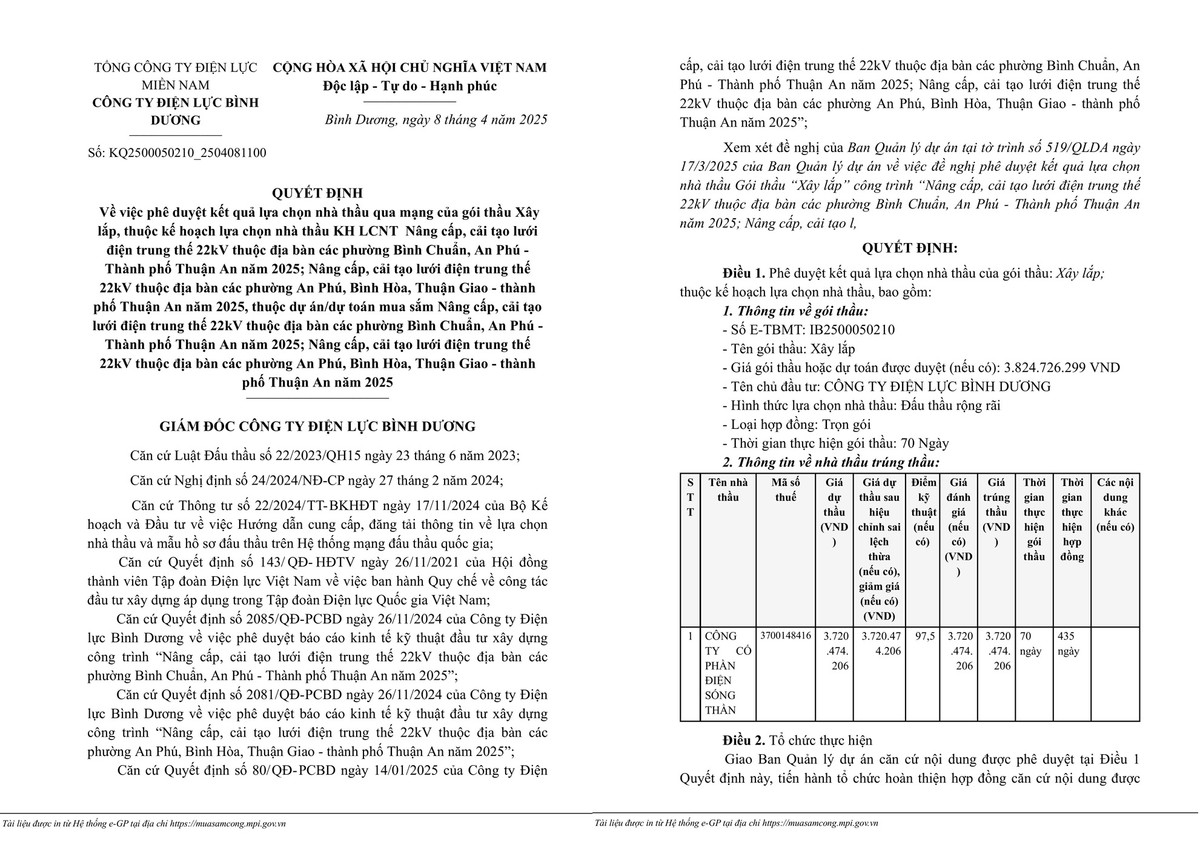 Điện lực Bình Dương: Gói thầu cải tạo lưới điện về tay ai? Dien luc Binh Duong: Goi thau cai tao luoi dien ve tay ai?