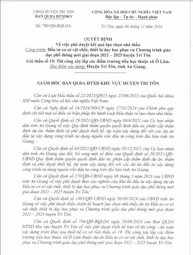 An Giang: Cty Xay dung Thinh Duc, 1 nam trung 7 goi thau tai Tri Ton