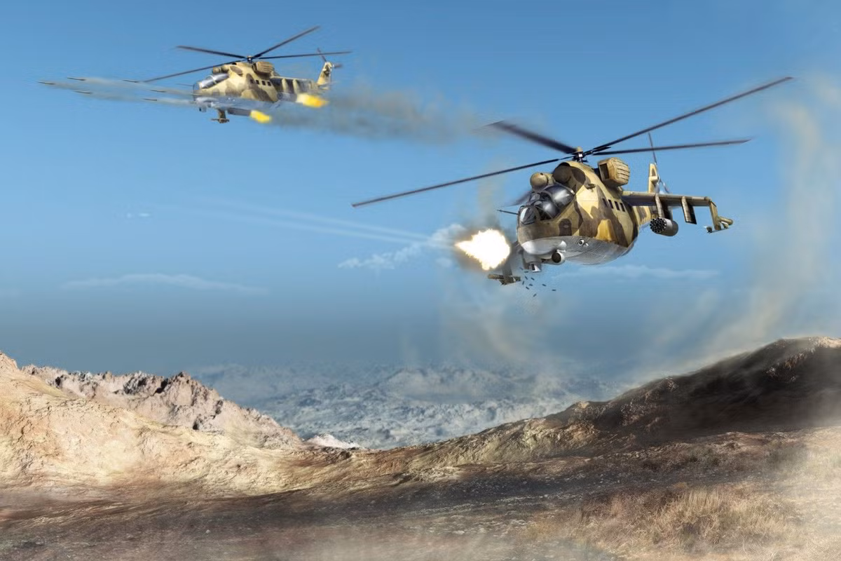 Về hệ thống hoả lực được trang bị trên mẫu trực thăng vũ trang Mi-24, mỗi chiếc sẽ có sự xuất hiện của khẩu pháo 4 nòng Yak-B và pháo 2 nòng GSh-23L trong buồng hoa tiêu, ngoài ra còn có khẩu pháo hàng không GSh-30K nòng kép cố định đối với phiên bản trực thăng Mi-24NP. Nguồn ảnh: Pinterest.