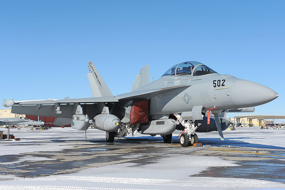 Máy bay EA-18G Growler được phát triển từ F/A-18F Super Hornet của Không quân Mỹ. Chiếc máy bay tác chiến điện tử này có tới 9 giá treo vũ khí bên ngoài bao gồm: tên lửa AIM-120 AMRAAM, AGM-88 HARM hay AGM-154.