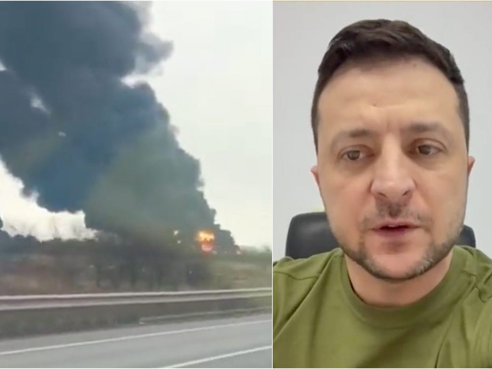Đồng thời, cũng có đoạn video từ phía Ukraine, cụ thể là Tổng thống Ukraine, ông Volodymyr Zelensky phát biểu xác minh cho việc sân bay quân sự của họ tại Vinnytsia đang bốc cháy, khói đen nghi ngút sau khi hứng chịu đòn tấn công của Nga. Nguồn ảnh: Quốc hội Ukraine.