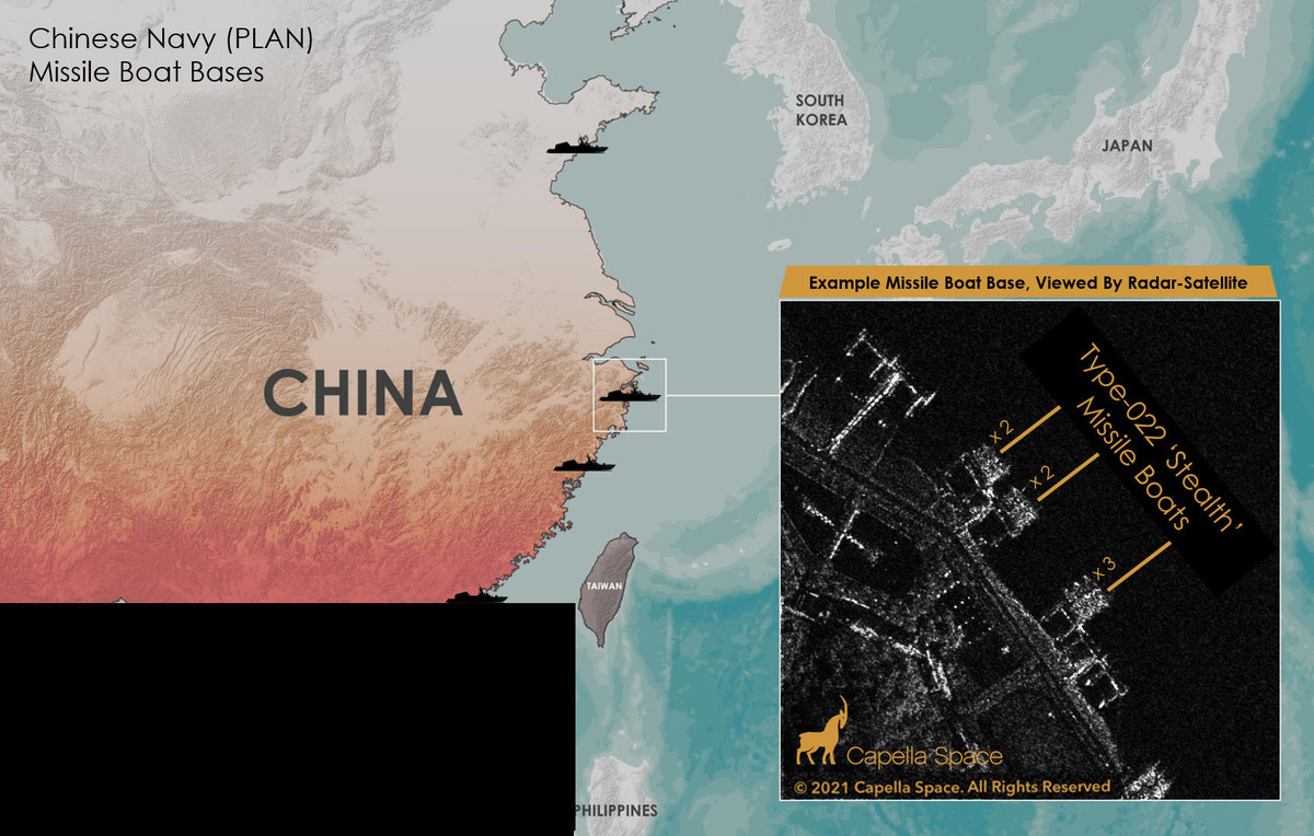 Tuy nhiên, khi quan sát từ không gian bằng vệ tinh được trang bị radar, chúng hiển thị rất tốt. Bố cục độc đáo của tàu tên lửa Type-022 thậm chí còn tạo ra một đặc điểm đặc biệt có thể dễ dàng nhận ra. Capella Space, một công ty cung cấp hình ảnh vệ tinh-radar , phát hiện ra rằng cái gọi là tàu tên lửa tàng hình xuất hiện khi chúng thả neo trong căn cứ của mình.