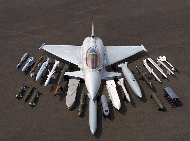 Trên Typhoon có sự xuất hiện của dàn vũ khí hùng hậu, với tổng số 13 điểm cứng, chiến đấu cơ này có thể mang theo nó tới 9 tấn vũ khí đa năng. Sự xuất hiện đầy đủ từ các tên lửa không đối không, tên lửa oanh kích mặt đất, tên lửa chống hạm và các loại bom đa dạng, hiện đại.