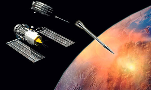 Hệ thống bẳn phá quỹ đạo đã được hình thành với những thanh vonfram làm vũ khí trên các vệ tinh trôi nổi ngoài không gian, chúng cũng có thể được thay thế bằng các loại vũ khí động năng khác với nguyên liệu cứng cáp để xuyên thủng được tầng khí quyển và hướng đến mục tiêu. Nguồn ảnh: Express.