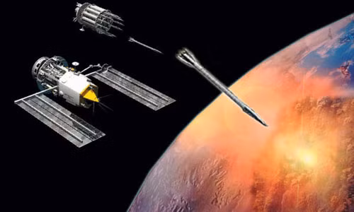 Hệ thống bẳn phá quỹ đạo đã được hình thành với những thanh vonfram làm vũ khí trên các vệ tinh trôi nổi ngoài không gian, chúng cũng có thể được thay thế bằng các loại vũ khí động năng khác với nguyên liệu cứng cáp để xuyên thủng được tầng khí quyển và hướng đến mục tiêu. Nguồn ảnh: Express.