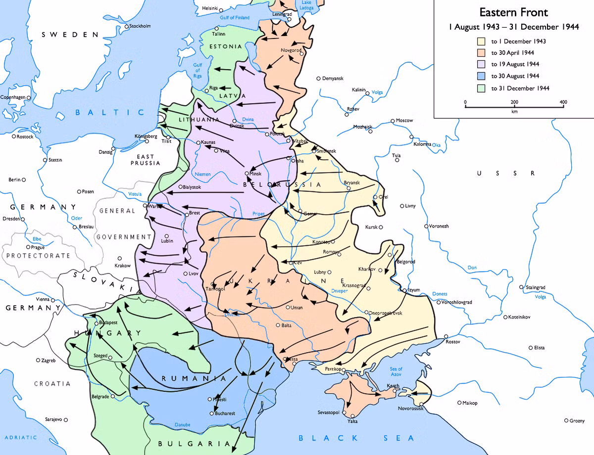 Năm 1944, Hồng quân đã tiến hành 10 chiến dịch tấn công chiến lược, kết quả là gần như toàn bộ lãnh thổ Liên Xô đã được giải phóng, hơn 130 sư đoàn địch bị tiêu diệt và Bulgaria, Romania hay Phần Lan đều chuyển sang phe tham gia chống Hitler, trong khi Đức Quốc xã thấy mình trên bờ vực của sự sụp đổ hoàn toàn.