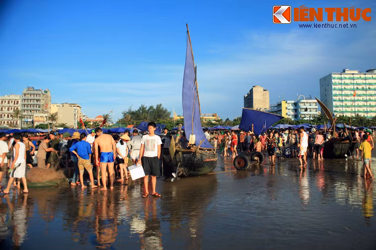 Khi những mẻ cá được kéo lên thì một số thuyền đánh cá nhỏ cũng đã trở về phía cuối bãi C sau một đêm thả lưới.