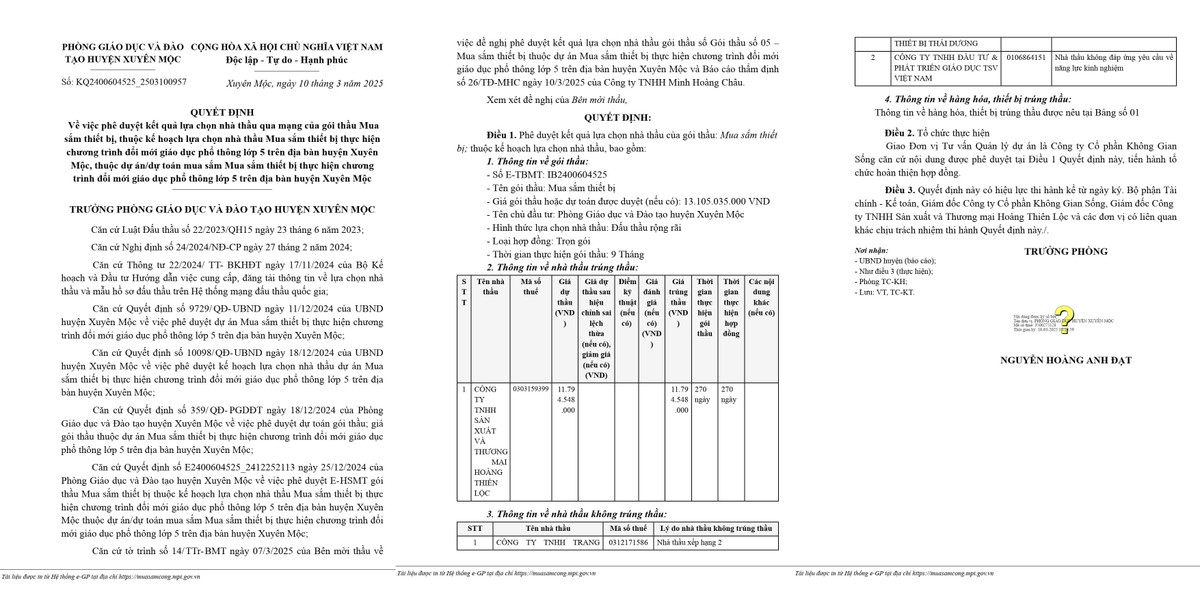 BR-VT: Một ngày, Cty Hoàng Thiên Lộc trúng 2 gói mua sắm thiết bị tại Xuyên Mộc BR-VT: Mot ngay, Cty Hoang Thien Loc trung 2 goi mua sam thiet bi tai Xuyen Moc