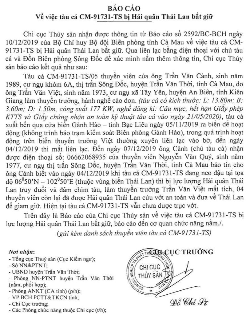 Ca Mau bao cao ve thong tin tau ca bi Hai quan Thai Lan dam chim, thuyen truong mat tich