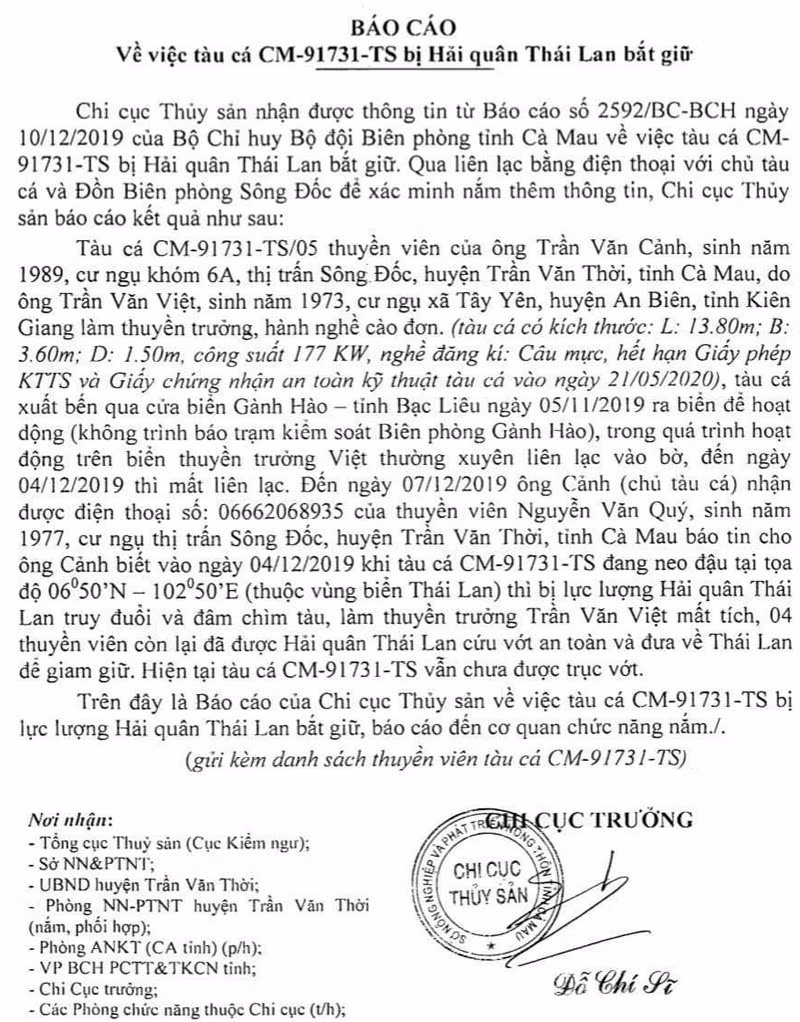 Ca Mau bao cao ve thong tin tau ca bi Hai quan Thai Lan dam chim, thuyen truong mat tich