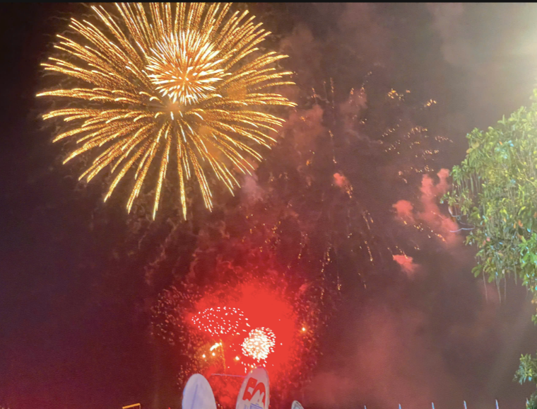 Đúng 21h30, chương trình bắn pháo hoa nghệ thuật tầm cao diễn ra tại Công viên bờ sông Sài Gòn, TP Thủ Đức. Đây là đêm bắn pháo hoa thứ 2 trong chuỗi hoạt động chào mừng 50 năm Ngày thống nhất đất nước tại TPHCM