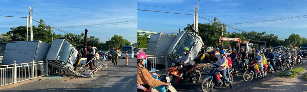 Binh Thuan: Tong vao dai phan cach, xe tai lat chan ngang quoc lo-Hinh-2