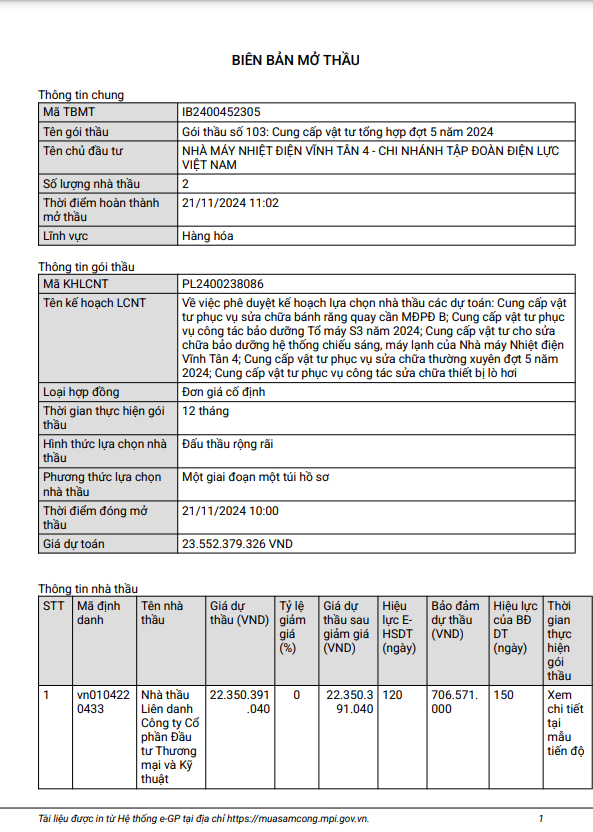 Nhiet dien Vinh Tan 4: 2 nha thau canh tranh goi cung cap vat tu hon 23 ty