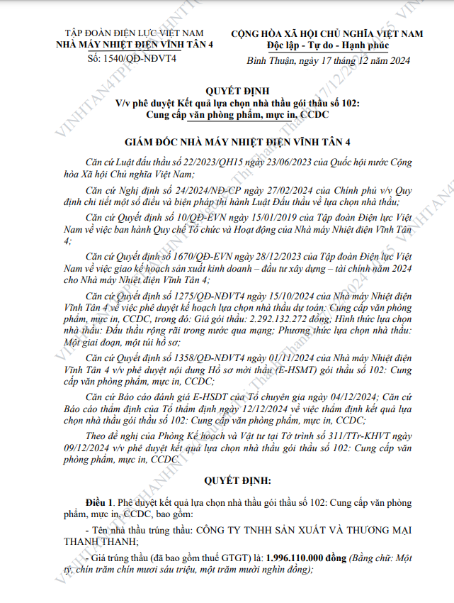 Nhiet dien Vinh Tan 4: Goi cung cap VPP hon 2 ty ve tay Thanh Thanh