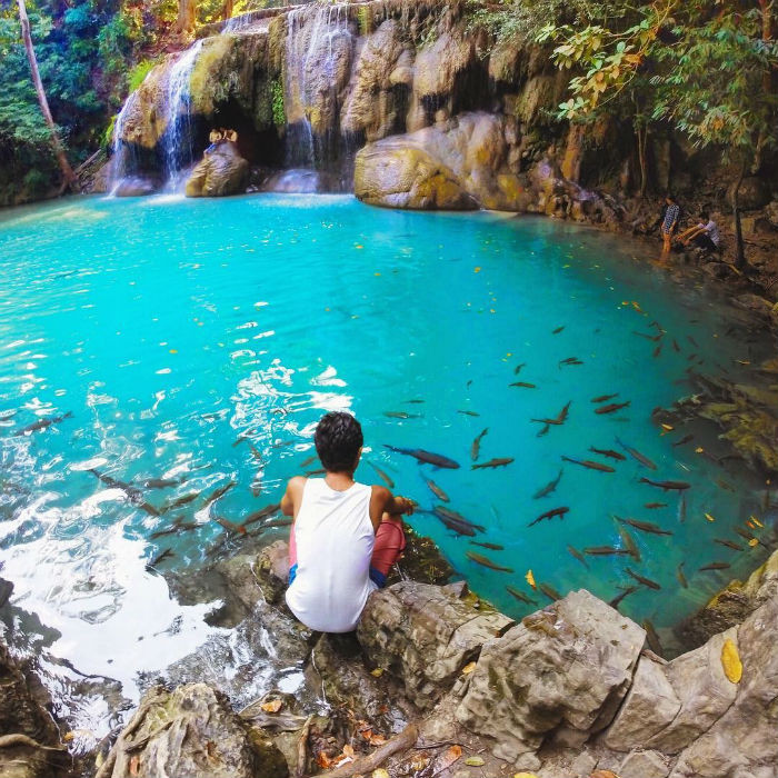 Điểm đặc biệt ở thác Erawan là sự hiện diện của những loài cá nhỏ ăn da chân. Những chú cá biến nơi đây thành một spa thu nhỏ mà bạn có thể hoàn toàn tận hưởng dịch vụ miễn phí.