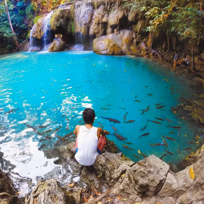 Điểm đặc biệt ở thác Erawan là sự hiện diện của những loài cá nhỏ ăn da chân. Những chú cá biến nơi đây thành một spa thu nhỏ mà bạn có thể hoàn toàn tận hưởng dịch vụ miễn phí.