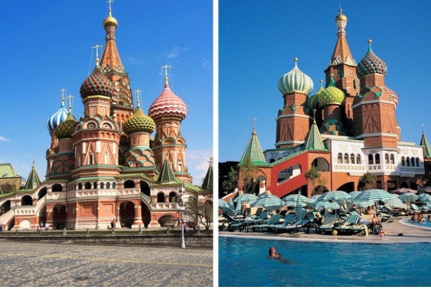 Một bản sao (hay chính xác là một bản nhái) của Nhà thờ Thánh Basil cũng có thể được tìm thấy ở Thổ Nhĩ Kỳ. Nhìn vào khách sạn Kremlin Palace (phải) ở thành phố Antalya, bất kỳ người Nga nào cũng sẽ cảm thấy thân thuộc.