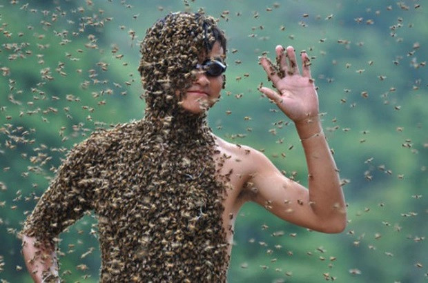 Để ong bu quanh cơ thể: Cuộc thi Bee-Wearing là truyền thống hàng năm của Trung Quốc, nơi mọi người trên khắp đất nước tham gia để thể hiện bản lĩnh . Thí sinh cởi trần và để những con ong đậu trên cơ thể của họ trong vòng một giờ.