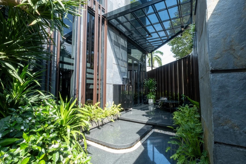 Những mảng xanh nhiệt đới được bố trí từng góc nhà và lối từ cổng vào nhà.