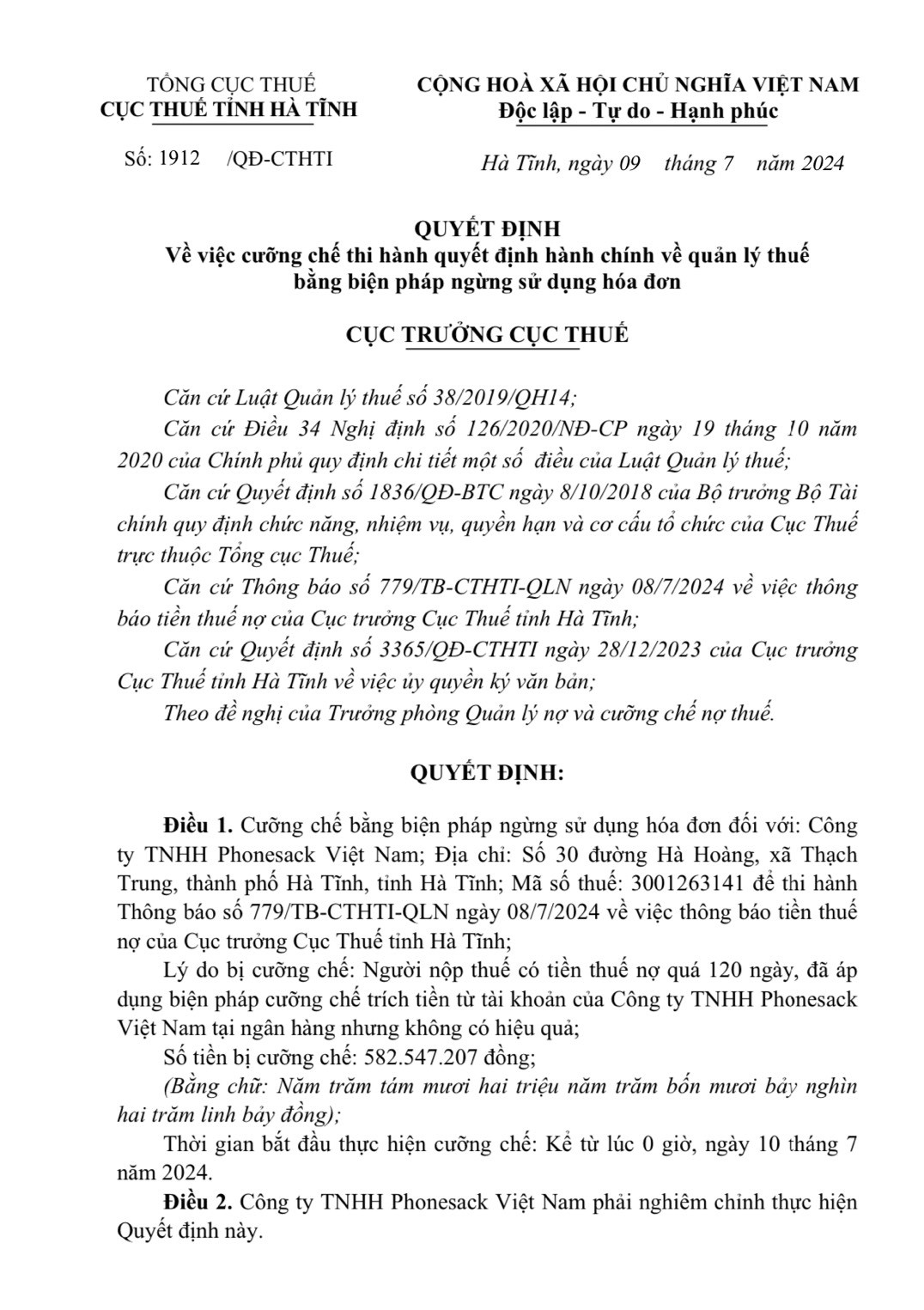 Công ty TNHH Phonesack Việt Nam bị cưỡng chế thuế hơn 500 triệu đồng Cong ty TNHH Phonesack Viet Nam bi cuong che thue hon 500 trieu dong
