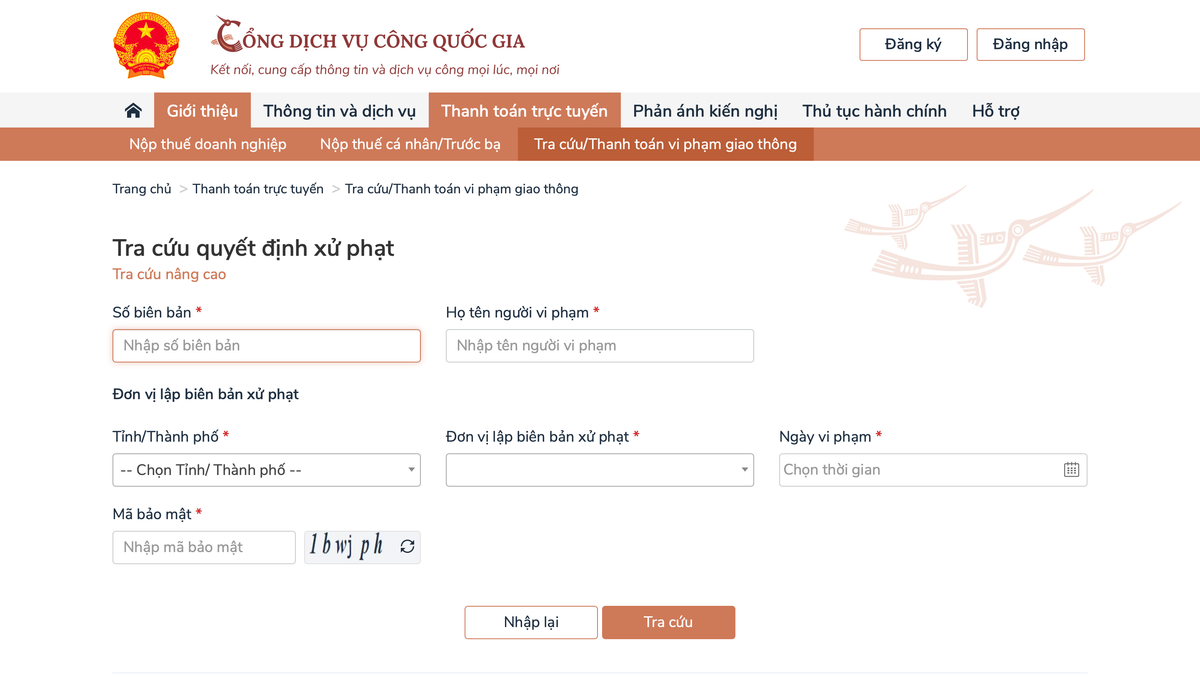 Huong dan nop phat vi pham giao thong truc tuyen
