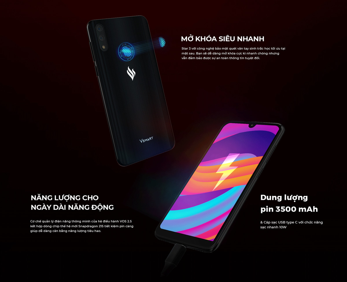 Pin Vsmart Star 3: Dung lượng pin lớn 3500 mAh, người dùng có thể dùng thoải mái với dung lượng pin này, đây là ưu điểm không nhỏ với smartphone giá rẻ. Điểm trừ là chiếc điện thoại này không có công nghệ sạc nhanh