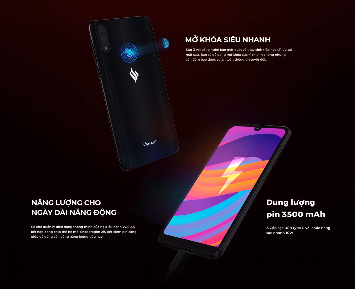 Pin Vsmart Star 3: Dung lượng pin lớn 3500 mAh, người dùng có thể dùng thoải mái với dung lượng pin này, đây là ưu điểm không nhỏ với smartphone giá rẻ. Điểm trừ là chiếc điện thoại này không có công nghệ sạc nhanh