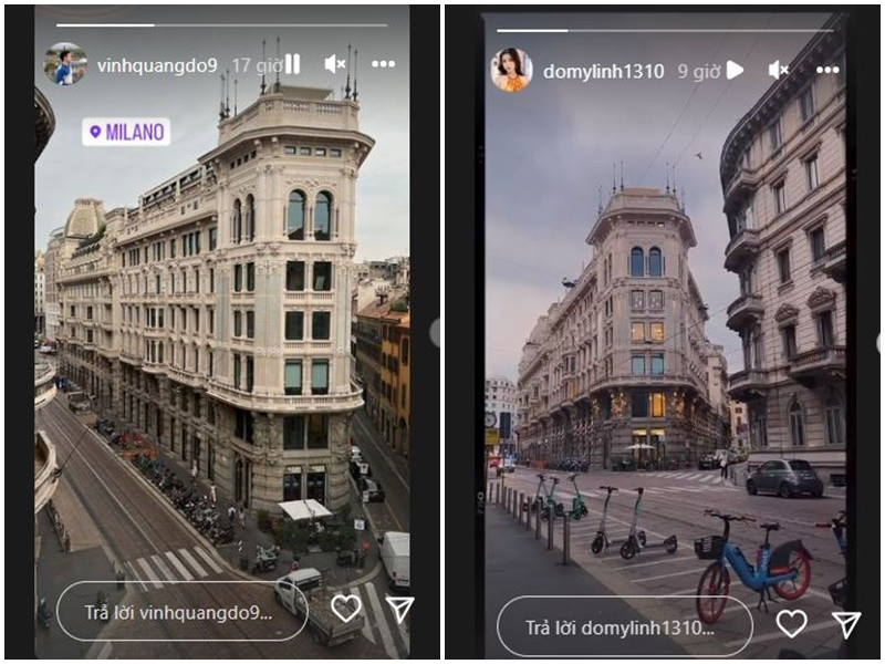 Vinh Quang và Mỹ Linh còn đồng loạt đăng ảnh tòa nhà giống hệt nhau. Ảnh chụp màn hình
