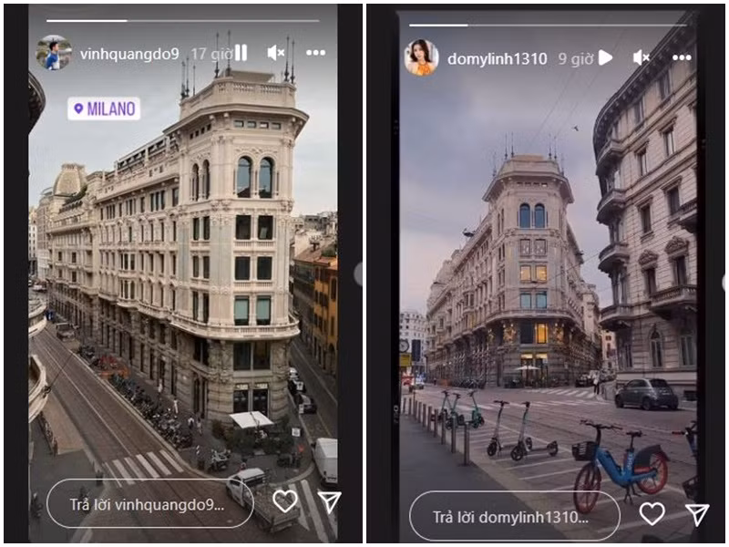 Vinh Quang và Mỹ Linh còn đồng loạt đăng ảnh tòa nhà giống hệt nhau. Ảnh chụp màn hình