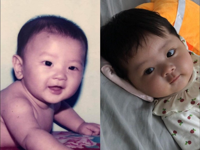 Anh ghép ảnh ngày còn nhỏ của bản thân và con gái.