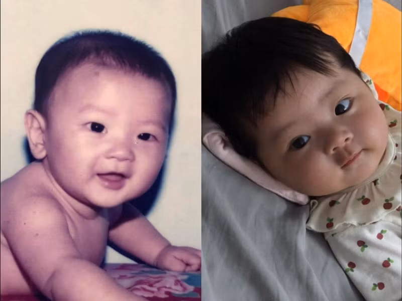 Anh ghép ảnh ngày còn nhỏ của bản thân và con gái.