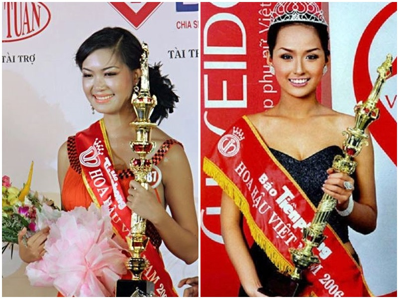 Thùy Dung, Mai Phương Thúy nhận quyền trượng Hoa hậu Việt Nam 2008 và 2006. Ảnh: Dân Trí, VOV