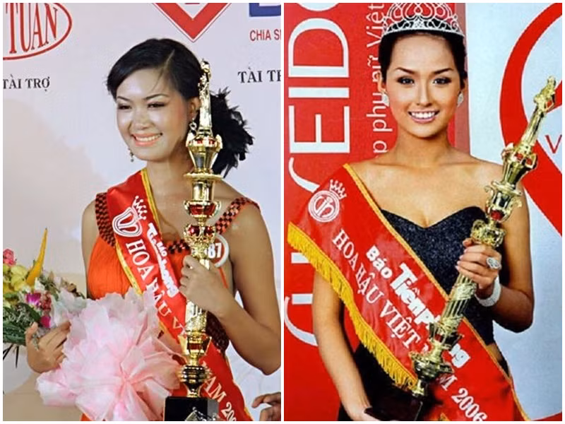 Thùy Dung, Mai Phương Thúy nhận quyền trượng Hoa hậu Việt Nam 2008 và 2006. Ảnh: Dân Trí, VOV