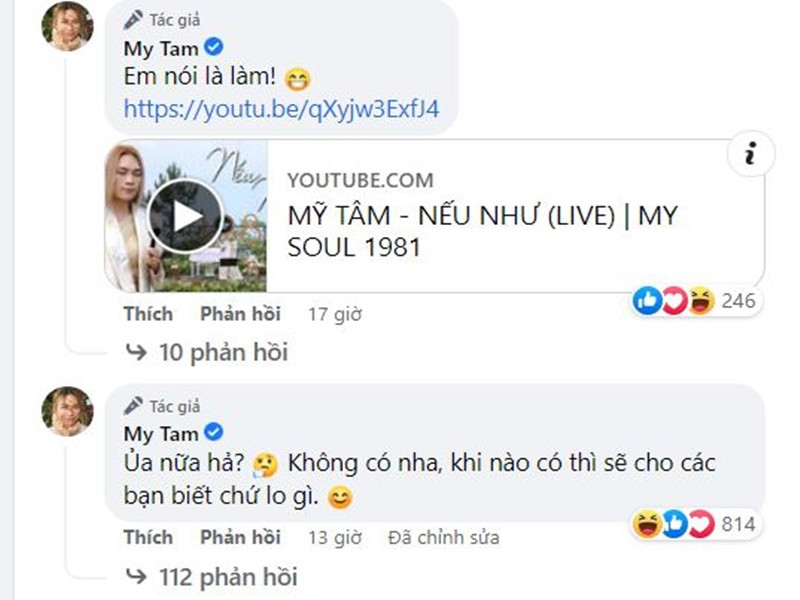 "Ủa nữa hả? Không có nha, khi nào có thì sẽ cho các bạn biết chứ lo gì", Mỹ Tâm cho hay. Ảnh chụp màn hình