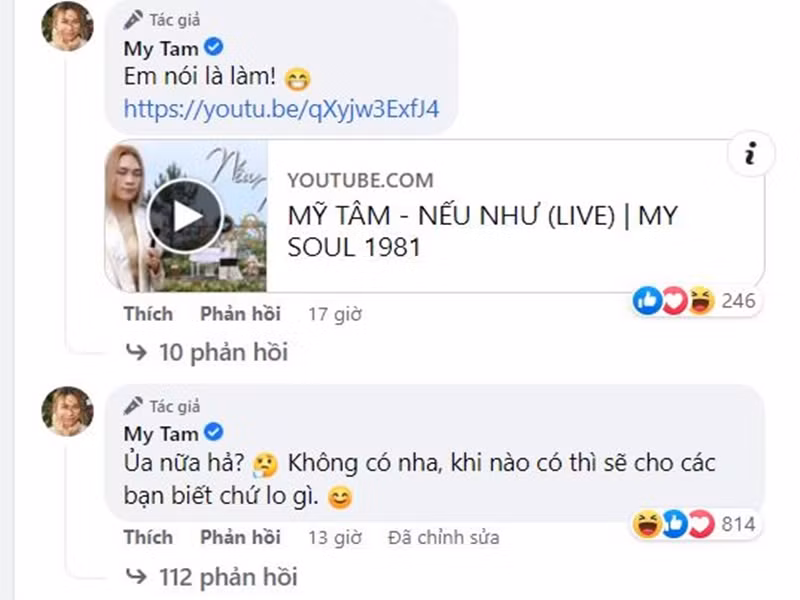 "Ủa nữa hả? Không có nha, khi nào có thì sẽ cho các bạn biết chứ lo gì", Mỹ Tâm cho hay. Ảnh chụp màn hình