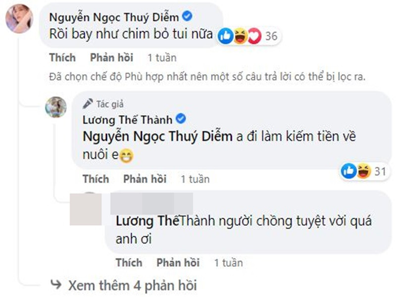 Nam diễn viên nịnh vợ khi phải đi công tác. "Anh đi làm kiếm tiền về nuôi em", Lương Thế Thành nhắn nhủ Thúy Diễm.