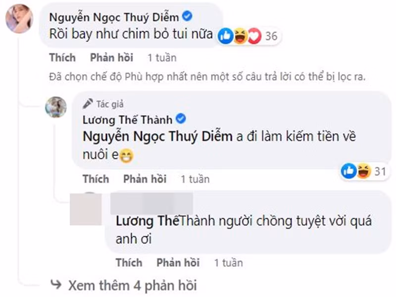 Nam diễn viên nịnh vợ khi phải đi công tác. "Anh đi làm kiếm tiền về nuôi em", Lương Thế Thành nhắn nhủ Thúy Diễm.