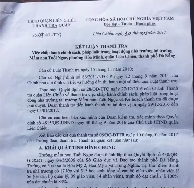 Kết luận của Thanh tra Quận Liên Chiểu về các sai phạm của trường Mầm non Tuổi Ngọc. Ảnh Vietnamnet