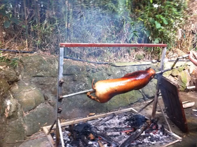 Vùng núi cao ở Việt Nam như Lạng Sơn, Hòa Bình, Yên Bái có một đặc sản nổi tiếng là lợn nguyên con nhồi lá mắc mật nướng. Ảnh: Autofun.