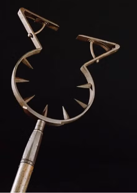  3. Man-Catcher là một thanh cực dài với một ngạnh hai đầu ở đầu trông giống như cổ áo. Nó thường được sử dụng để kéo một người cưỡi ngựa xuống và thường được dùng để bắt hoàng gia làm con tin do không làm bị thương người bị bắt. Tuy nhiên, nếu người bị bắt không mặc áo giáp, họ có thể phải chịu một số vết thương từ gai trên vòng trong của ngạnh.