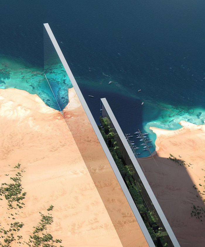 Siêu thành phố là một phần của dự án NEOM gây tranh cãi. Kế hoạch ban đầu mô tả NEOM là một thành phố vận hành nhờ trí tuệ nhân tạo (AI). Cư dân di chuyển bằng taxi bay và mặt trăng nhân tạo sẽ chiếu sáng thành phố vào ban đêm.