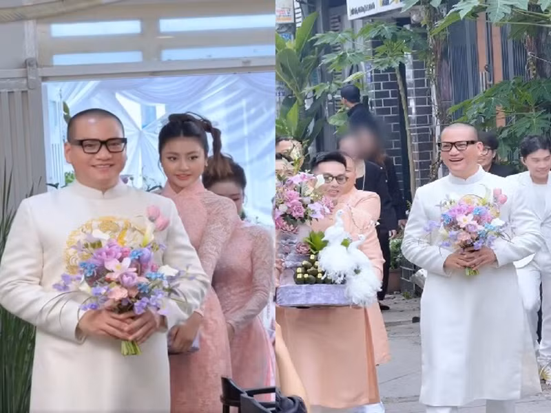 Chồng Khánh Vân cũng diện áo dài trắng. Ảnh: Phụ Nữ Pháp Luật.