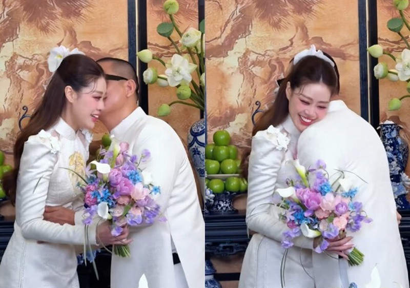 Vợ chồng Khánh Vân tình tứ trong lễ ăn hỏi. Ảnh: Phụ Nữ Pháp Luật.