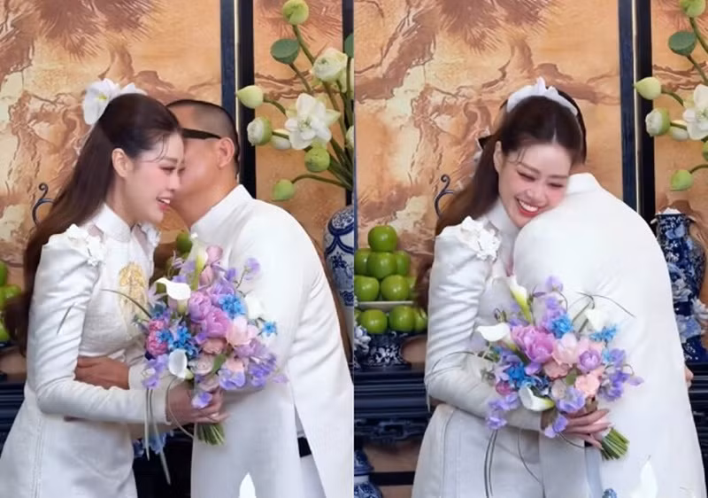 Vợ chồng Khánh Vân tình tứ trong lễ ăn hỏi. Ảnh: Phụ Nữ Pháp Luật.