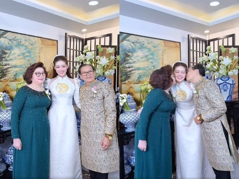 Khánh Vân thay áo dài trong phần nghi lễ. Ảnh: Phụ Nữ Pháp Luật.