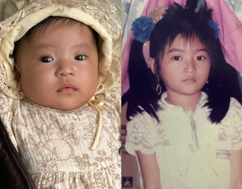 Thanh Trúc ghép ảnh con gái và ảnh ngày còn nhỏ của mình. "Rồi ai nói tôi đẻ thuê... nguyên cái mặt tôi cắt qua như vậy mà", cô viết.