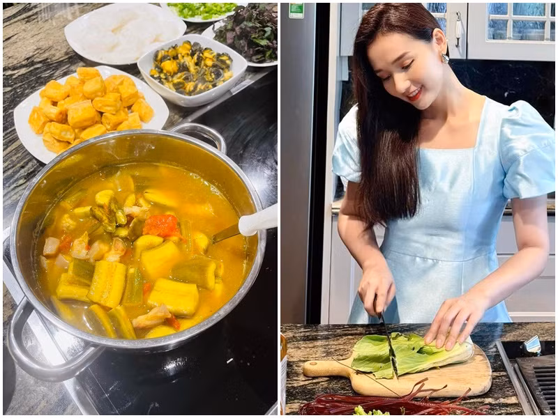 Nữ diễn viên trổ tài nấu món ốc om chuối đậu.