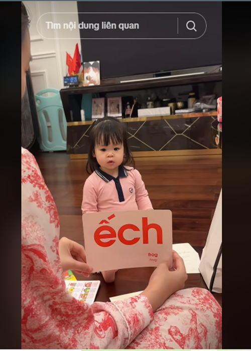 Mỹ Linh dạy con gái học tiếng Việt, tiếng Anh. Trong một video, con gái Mỹ Linh đọc được tên nhiều con vật, loại quả. Ảnh: TikTok Mỹ Linh.